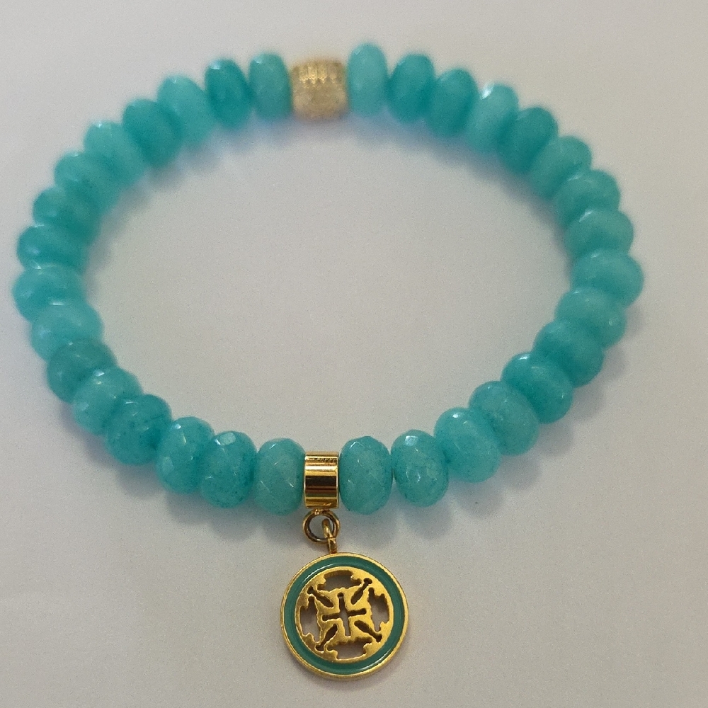 Rustic Cuff Aqua Beaded Bracelet with Gold Medallion